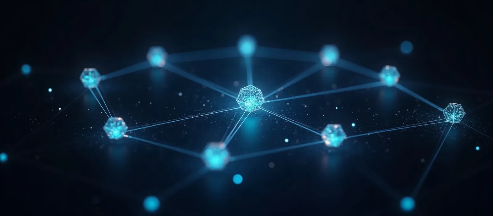 A wide constellation of glowing hexagonal nodes joined by thin filaments of light, one brighter than the rest.