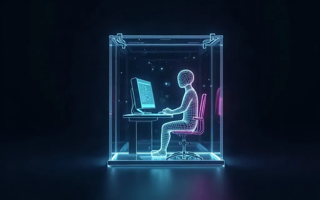 A luminous figure working at a terminal inside a glass enclosure.