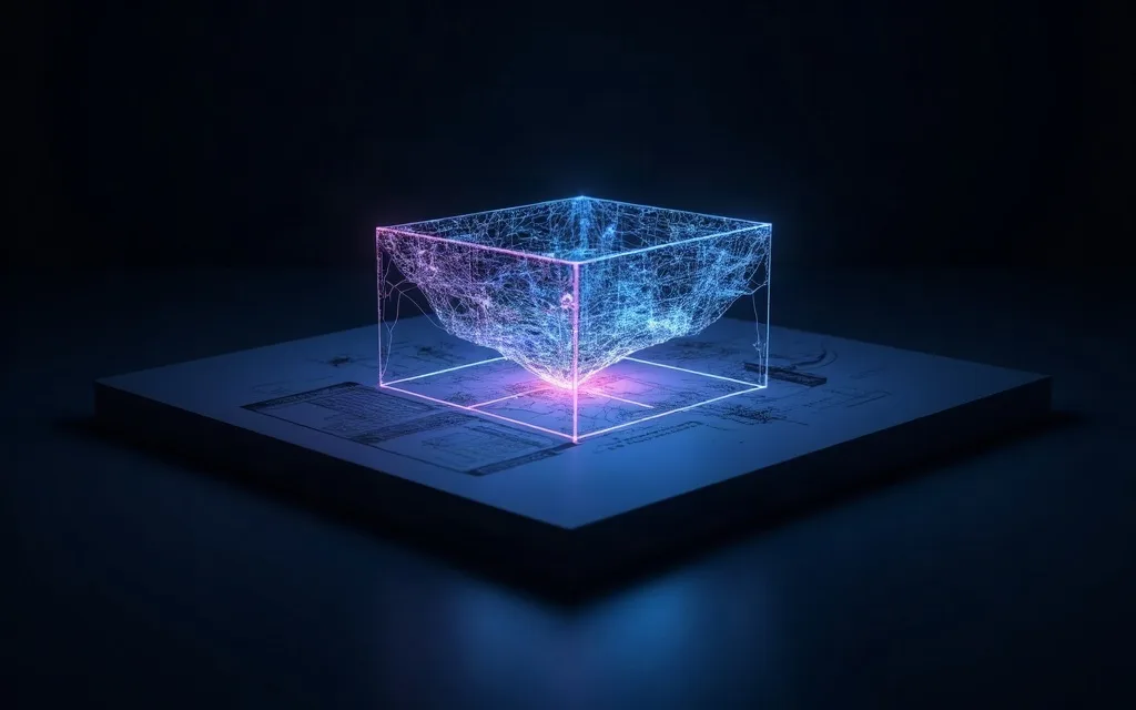 A luminous wireframe block rising from a technical drawing on a dark drafting surface.
