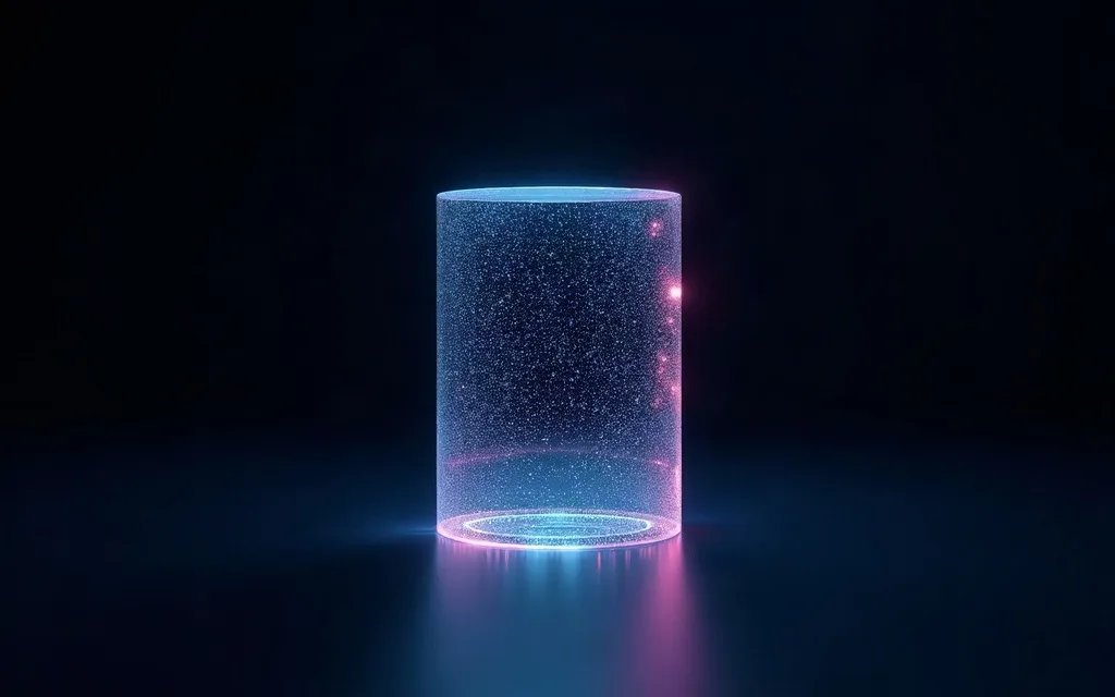 A softly glowing cylinder of particles standing on a reflective dark surface.