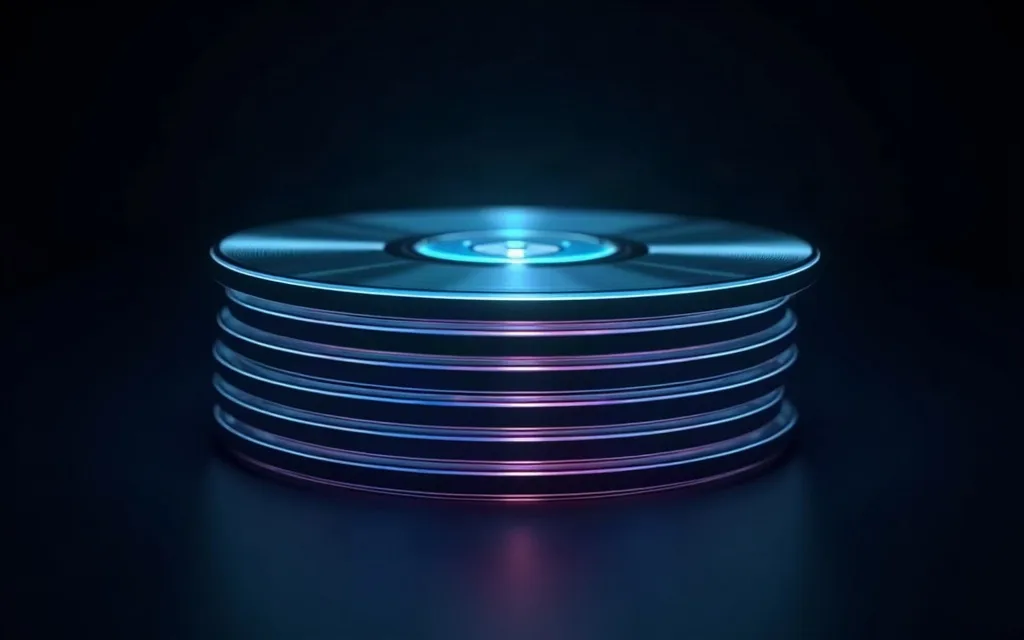A stack of glowing disc platters with the topmost one lifting away.