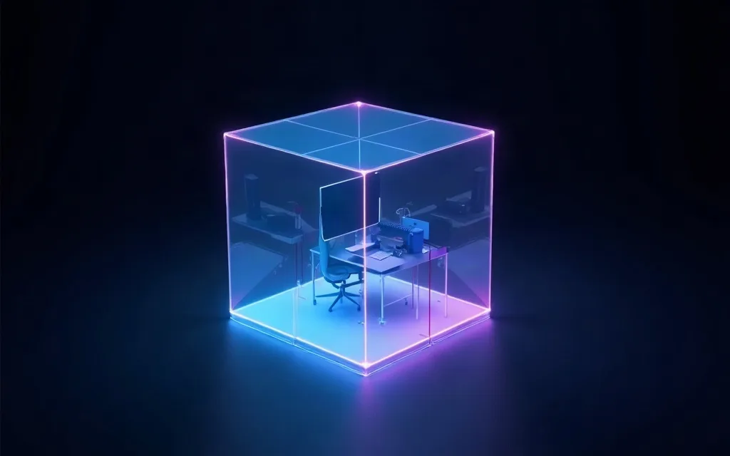 A glowing glass cube containing a small illuminated desk and monitor.